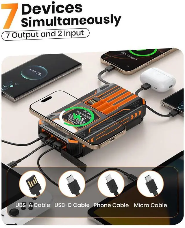 Alt view image 2 of 7 - Solar Charger Power Bank - 48000mAh Wireless Portable Charger Built-in 4 Cables and 4 Solar Panels, PD QC 3.0 Fast Charging USB C Battery Pack with Flashlight for Camping Travel