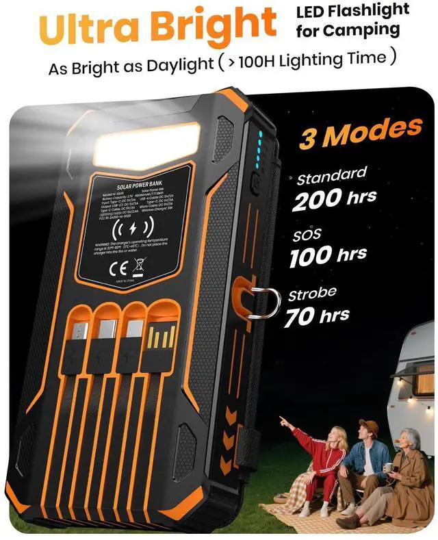 Alt view image 7 of 7 - Solar Charger Power Bank - 48000mAh Wireless Portable Charger Built-in 4 Cables and 4 Solar Panels, PD QC 3.0 Fast Charging USB C Battery Pack with Flashlight for Camping Travel
