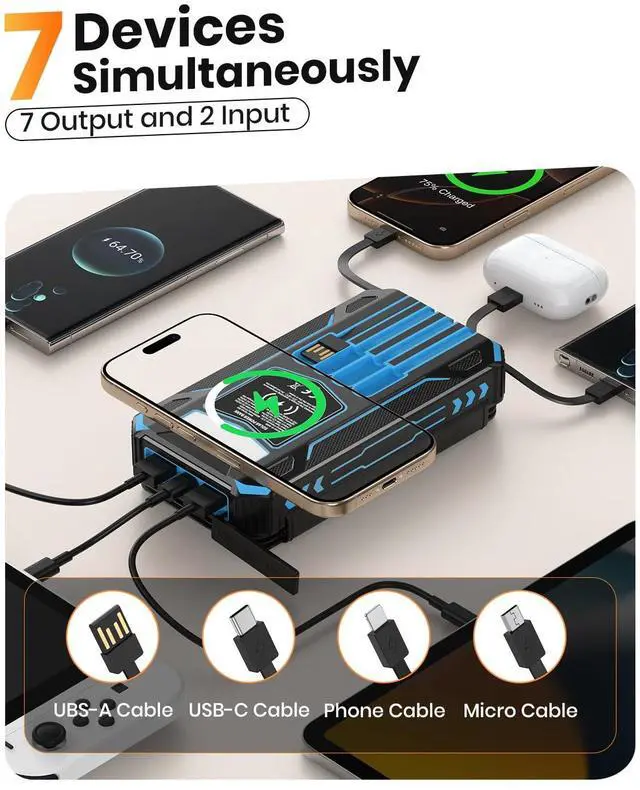Alt view image 2 of 7 - Solar Power Bank 48000mAh Wireless Battery Pack with 4 Cables