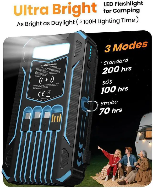 Alt view image 7 of 7 - Solar Power Bank 48000mAh Wireless Battery Pack with 4 Cables