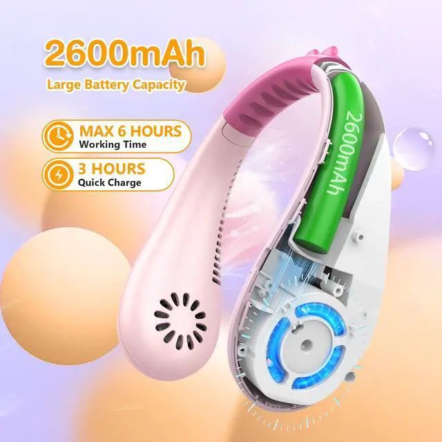 Alt view image 3 of 6 - Neck Fan, Portable Bladeless Fans for Kid 4-14Y Girls & Boys, 2600mAh USB Personal Mini Cooling Fan for Travel/Camping/Study, 4 Speeds, Lightweight, Compact, Perfect Summer Gifts for Kids