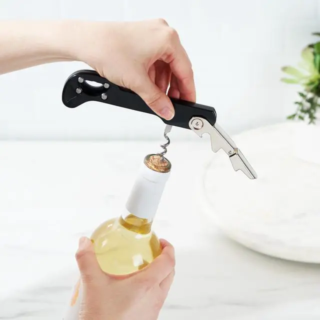 Alt view image 3 of 7 - Recoil Waiters Corkscrew Wine Opener, Durable Stainless Steel with Built-in Bottle Opener and 4-Wheel Foil Cutter for Bartenders, Home Bar, Kitchen, Outdoor Party, Gifts for Wine Lovers, Set of 1