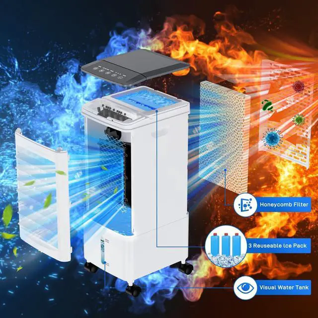 Alt view image 3 of 7 - Portable Air Conditioners, 4-IN-1 Evaporative Air Cooler, Portable AC Unit w/ 6L Water Tank, Swamp Cooler w/7H Timer &120° Oscillation, Fast Cooling Air Conditioner for Bedroom Home Office