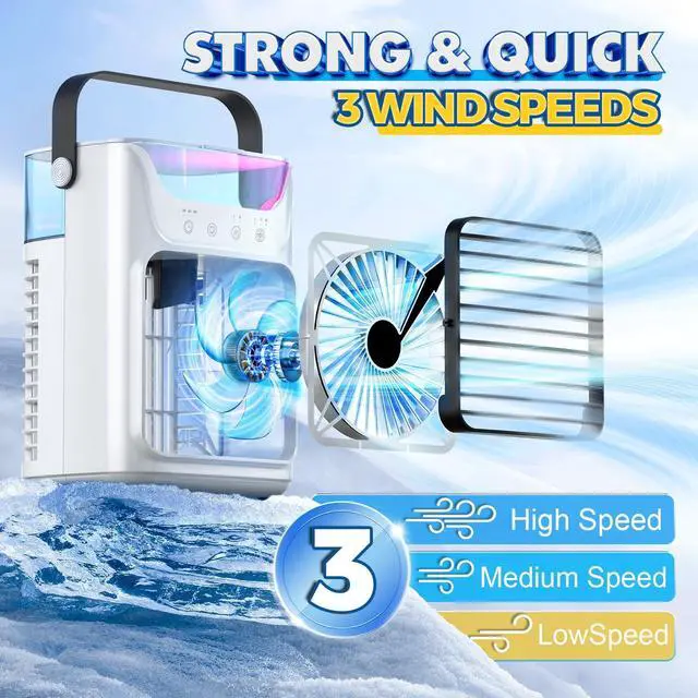 Alt view image 2 of 7 - Portable Air Conditioners, 3 Wind Speeds & 7 LED Lights Evaporative Personal Air Cooler, 4 in 1 Portable AC with 650 mL Large Water Tank, Mini Air Conditioner for Bedroom/Car/Home/Camping/Room