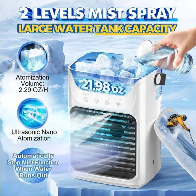 Alt view image 3 of 7 - Portable Air Conditioners, 3 Wind Speeds & 7 LED Lights Evaporative Personal Air Cooler, 4 in 1 Portable AC with 650 mL Large Water Tank, Mini Air Conditioner for Bedroom/Car/Home/Camping/Room
