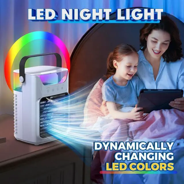 Alt view image 4 of 7 - Portable Air Conditioners, 3 Wind Speeds & 7 LED Lights Evaporative Personal Air Cooler, 4 in 1 Portable AC with 650 mL Large Water Tank, Mini Air Conditioner for Bedroom/Car/Home/Camping/Room