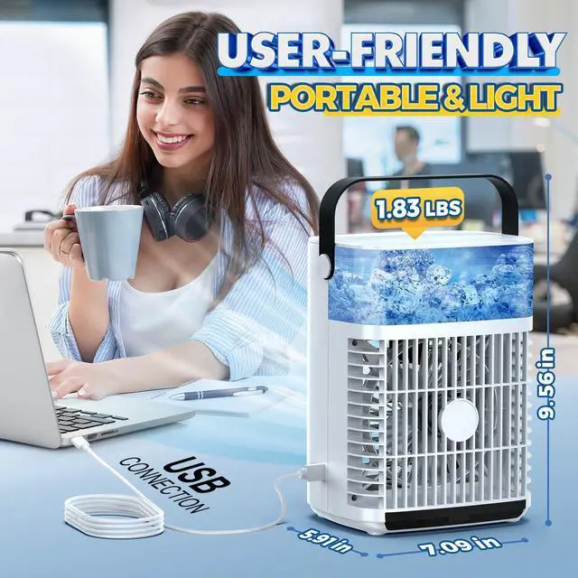 Alt view image 6 of 7 - Portable Air Conditioners, 3 Wind Speeds & 7 LED Lights Evaporative Personal Air Cooler, 4 in 1 Portable AC with 650 mL Large Water Tank, Mini Air Conditioner for Bedroom/Car/Home/Camping/Room