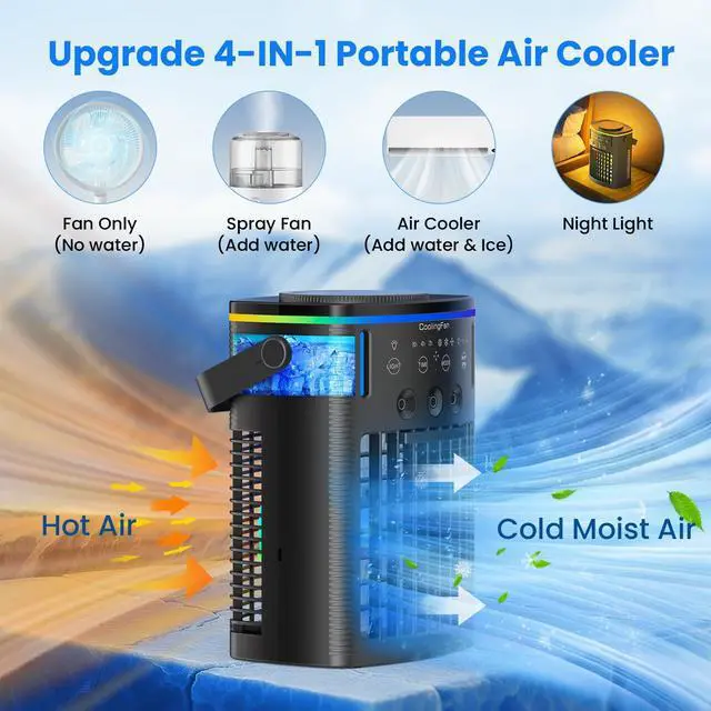 Alt view image 2 of 7 - Portable Air Conditioners, Small Air Conditioner Portable with Remote, 3 Speeds & 3 Mist Modes & Timer Mini Evaporative Air Cooler, Personal Cooling Misting Fan for Bedroom Office Room Desk, Black