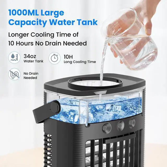 Alt view image 3 of 7 - Portable Air Conditioners, Small Air Conditioner Portable with Remote, 3 Speeds & 3 Mist Modes & Timer Mini Evaporative Air Cooler, Personal Cooling Misting Fan for Bedroom Office Room Desk, Black