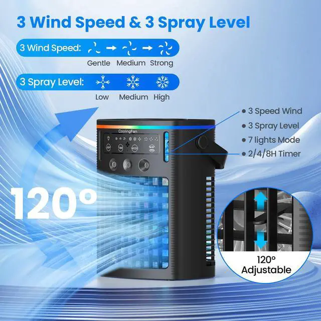 Alt view image 6 of 7 - Portable Air Conditioners, Small Air Conditioner Portable with Remote, 3 Speeds & 3 Mist Modes & Timer Mini Evaporative Air Cooler, Personal Cooling Misting Fan for Bedroom Office Room Desk, Black