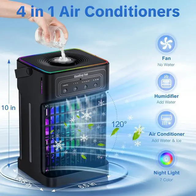 Alt view image 2 of 7 - Portable Air Conditioners, 2026 Upgraded 4-IN-1 Quiet Portable AC Unit with Remote, 1100ML Tank Evaporative Air Cooler, 7 Color Light Personal Mini Air Conditioner for Bedroom,Office, Camping, Car,RV