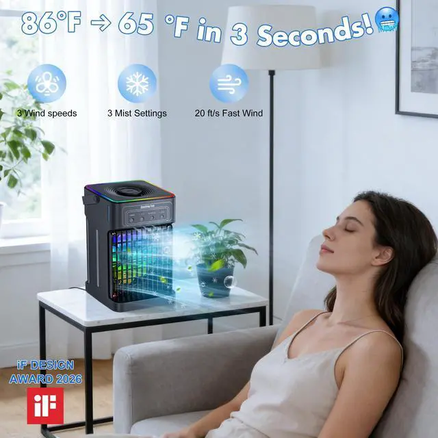 Alt view image 3 of 7 - Portable Air Conditioners, 2026 Upgraded 4-IN-1 Quiet Portable AC Unit with Remote, 1100ML Tank Evaporative Air Cooler, 7 Color Light Personal Mini Air Conditioner for Bedroom,Office, Camping, Car,RV