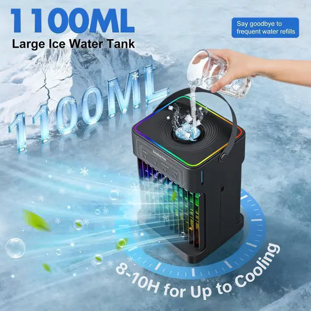 Alt view image 6 of 7 - Portable Air Conditioners, 2026 Upgraded 4-IN-1 Quiet Portable AC Unit with Remote, 1100ML Tank Evaporative Air Cooler, 7 Color Light Personal Mini Air Conditioner for Bedroom,Office, Camping, Car,RV