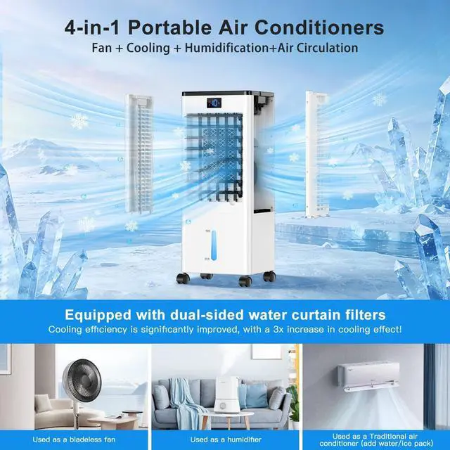 Alt view image 3 of 7 - Portable Air Conditioners,3-in-1 Evaporative Cooling Fans that Blow Cold Air, 4 Modes 3 Speeds, 12H Timer & Remote, 120°Oscillation, Windowless Portable AC Swamp Cooler w/ 8L Tank for Home Bedroom