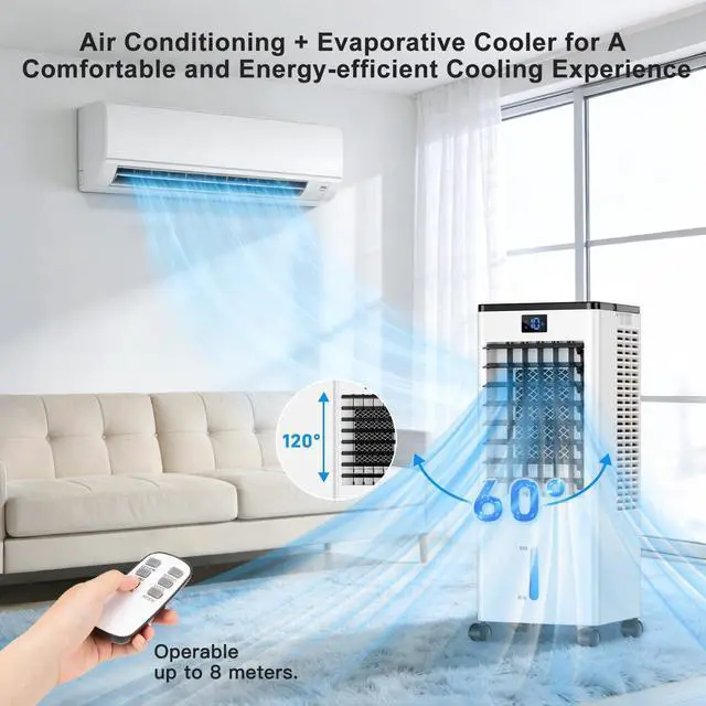 Alt view image 5 of 7 - Portable Air Conditioners,3-in-1 Evaporative Cooling Fans that Blow Cold Air, 4 Modes 3 Speeds, 12H Timer & Remote, 120°Oscillation, Windowless Portable AC Swamp Cooler w/ 8L Tank for Home Bedroom