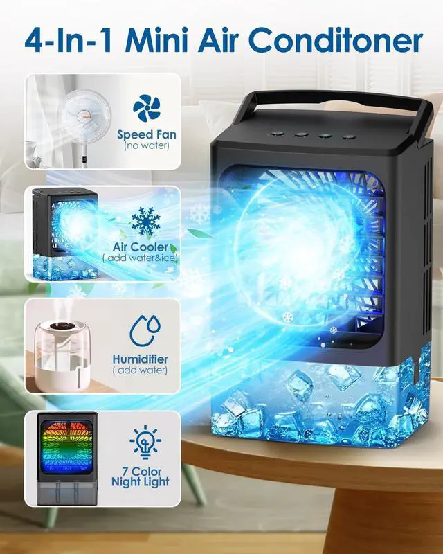 Alt view image 2 of 7 - Mini Air Conditioner,Portable Air Conditioners,Evaporative Air Cooler Humidifier, 3 Speed Quiet Personal Cooling Fan, 7-Color LED Night Light, 4/8H Timer for Bedroom, Office, Camping, Room,Home