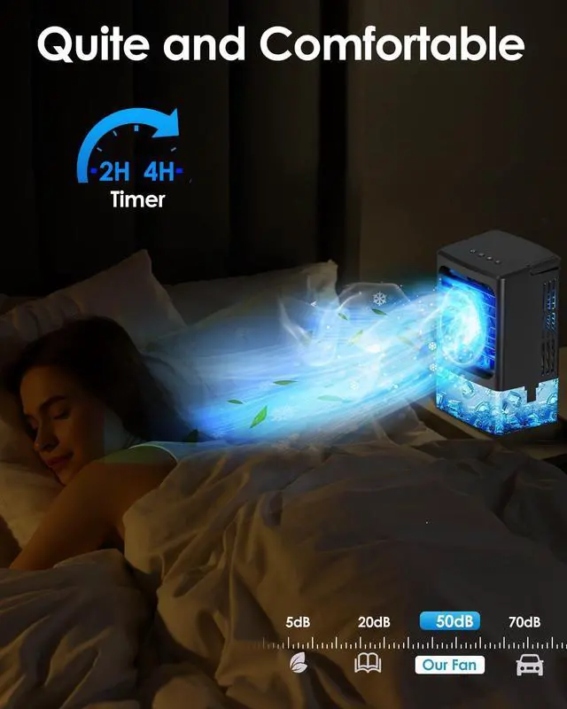 Alt view image 3 of 7 - Mini Air Conditioner,Portable Air Conditioners,Evaporative Air Cooler Humidifier, 3 Speed Quiet Personal Cooling Fan, 7-Color LED Night Light, 4/8H Timer for Bedroom, Office, Camping, Room,Home