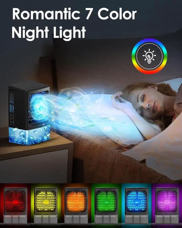 Alt view image 4 of 7 - Mini Air Conditioner,Portable Air Conditioners,Evaporative Air Cooler Humidifier, 3 Speed Quiet Personal Cooling Fan, 7-Color LED Night Light, 4/8H Timer for Bedroom, Office, Camping, Room,Home