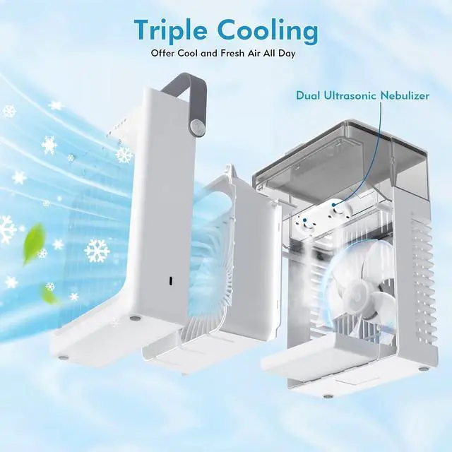Alt view image 2 of 7 - Portable Air Conditioners, 4-Speed Mini Air Conditioner, 3-in-1 Personal Cooling Fan, Small AC Unit with 1000ml Water Tank, 2/4/6H Timer, USB Powered (5V 2A Adapter Included) for Bedroom Office Desk