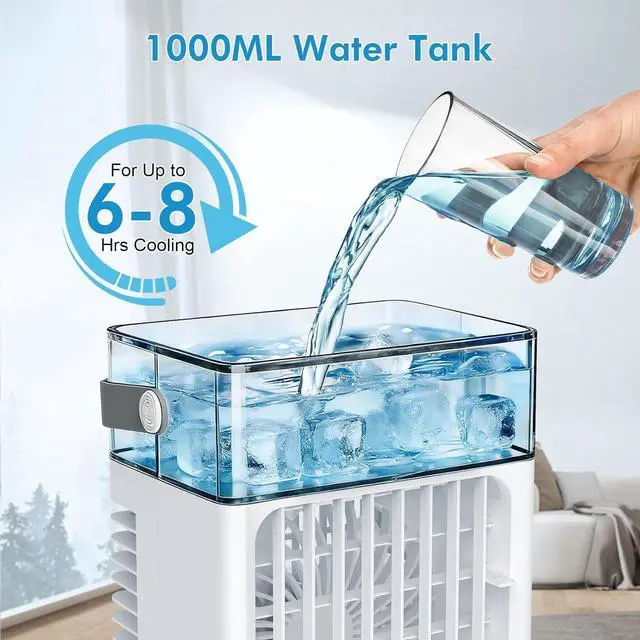 Alt view image 5 of 7 - Portable Air Conditioners, 4-Speed Mini Air Conditioner, 3-in-1 Personal Cooling Fan, Small AC Unit with 1000ml Water Tank, 2/4/6H Timer, USB Powered (5V 2A Adapter Included) for Bedroom Office Desk