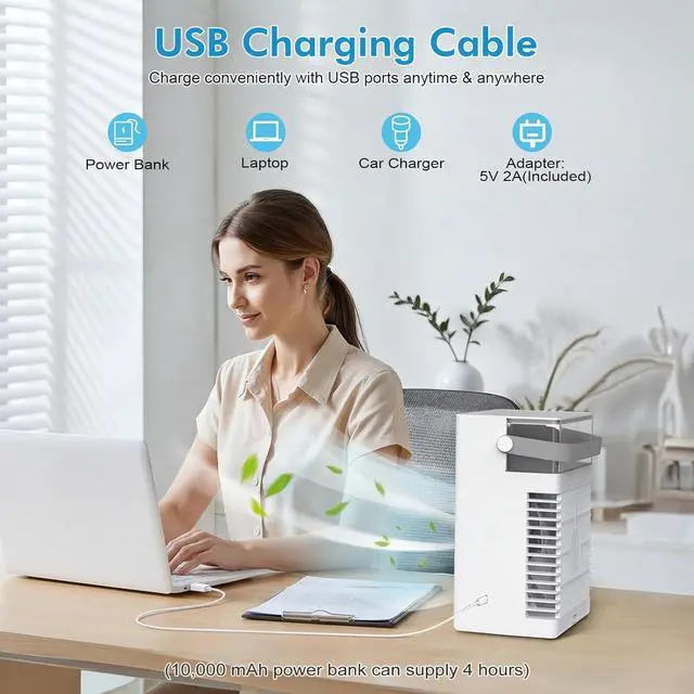 Alt view image 6 of 7 - Portable Air Conditioners, 4-Speed Mini Air Conditioner, 3-in-1 Personal Cooling Fan, Small AC Unit with 1000ml Water Tank, 2/4/6H Timer, USB Powered (5V 2A Adapter Included) for Bedroom Office Desk