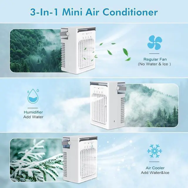 Alt view image 3 of 7 - Portable Air Conditioners, 4-Speed Mini Air Conditioner, 3-in-1 Personal Cooling Fan, Small AC Unit with 1000ml Water Tank, 2/4/6H Timer, USB Powered (5V 2A Adapter Included) for Bedroom Office Desk