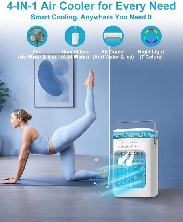 Alt view image 2 of 7 - Portable Air Conditioner, 4-in-1 Evaporative Air Cooler, Personal Cooling Fan with 3 Speeds, 2 Mist Modes, 7 LED Night Light, 2-4H Timer, Quiet Mini Air Cooler for Bedroom Office Camping