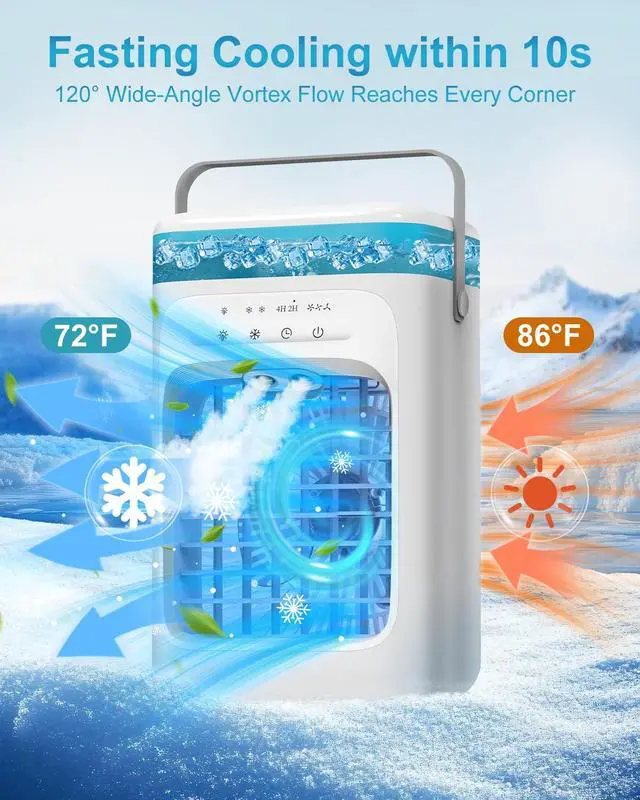 Alt view image 3 of 7 - Portable Air Conditioner, 4-in-1 Evaporative Air Cooler, Personal Cooling Fan with 3 Speeds, 2 Mist Modes, 7 LED Night Light, 2-4H Timer, Quiet Mini Air Cooler for Bedroom Office Camping