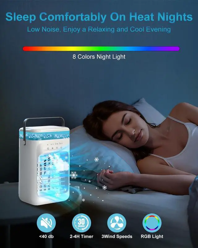 Alt view image 5 of 7 - Portable Air Conditioner, 4-in-1 Evaporative Air Cooler, Personal Cooling Fan with 3 Speeds, 2 Mist Modes, 7 LED Night Light, 2-4H Timer, Quiet Mini Air Cooler for Bedroom Office Camping