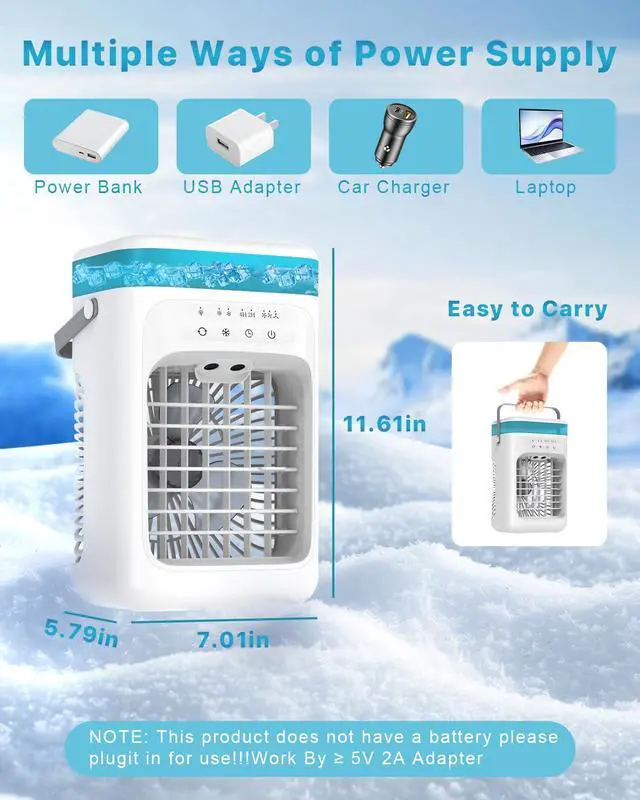 Alt view image 6 of 7 - Portable Air Conditioner, 4-in-1 Evaporative Air Cooler, Personal Cooling Fan with 3 Speeds, 2 Mist Modes, 7 LED Night Light, 2-4H Timer, Quiet Mini Air Cooler for Bedroom Office Camping