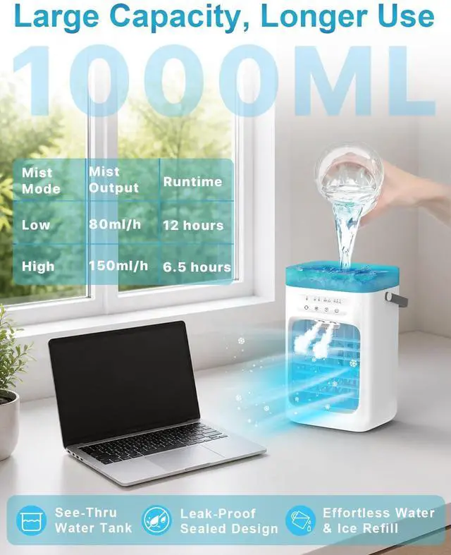 Alt view image 7 of 7 - Portable Air Conditioner, 4-in-1 Evaporative Air Cooler, Personal Cooling Fan with 3 Speeds, 2 Mist Modes, 7 LED Night Light, 2-4H Timer, Quiet Mini Air Cooler for Bedroom Office Camping