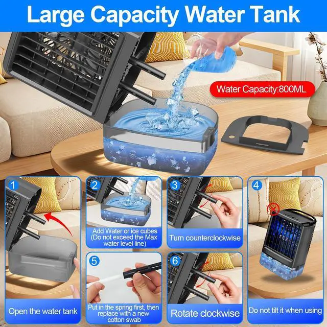 Alt view image 3 of 7 - Upgraded Portable Air conditioners, 4-in-1 Desktop Cooling Fan with 3 Wind Speeds,Cooling Mist Mode,800ml Water Tank,7-Color Night light,Personal AC Fan with 2-4H Timer for Bedroom, Office, Home, Car