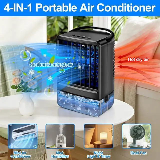 Alt view image 2 of 7 - Upgraded Portable Air conditioners, 4-in-1 Desktop Cooling Fan with 3 Wind Speeds,Cooling Mist Mode,800ml Water Tank,7-Color Night light,Personal AC Fan with 2-4H Timer for Bedroom, Office, Home, Car