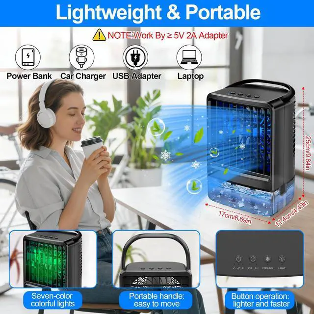 Alt view image 5 of 7 - Upgraded Portable Air conditioners, 4-in-1 Desktop Cooling Fan with 3 Wind Speeds,Cooling Mist Mode,800ml Water Tank,7-Color Night light,Personal AC Fan with 2-4H Timer for Bedroom, Office, Home, Car