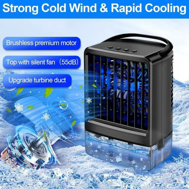 Alt view image 7 of 7 - Upgraded Portable Air conditioners, 4-in-1 Desktop Cooling Fan with 3 Wind Speeds,Cooling Mist Mode,800ml Water Tank,7-Color Night light,Personal AC Fan with 2-4H Timer for Bedroom, Office, Home, Car