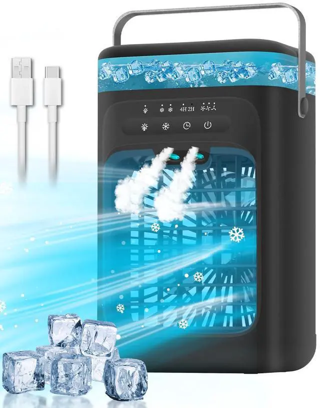 Main image of Portable Air Conditioner, 4-in-1 Evaporative Air Cooler, Personal Cooling Fan with 3 Speeds, 2 Mist Modes, 7 LED Night Light, 2-4H Timer, Quiet Mini Air Cooler for Bedroom Office Camping Black