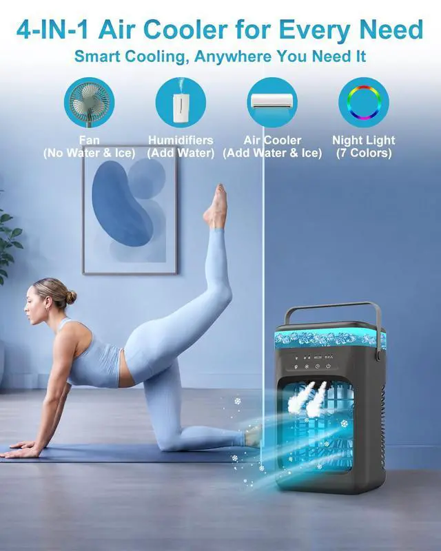 Alt view image 2 of 7 - Portable Air Conditioner, 4-in-1 Evaporative Air Cooler, Personal Cooling Fan with 3 Speeds, 2 Mist Modes, 7 LED Night Light, 2-4H Timer, Quiet Mini Air Cooler for Bedroom Office Camping Black