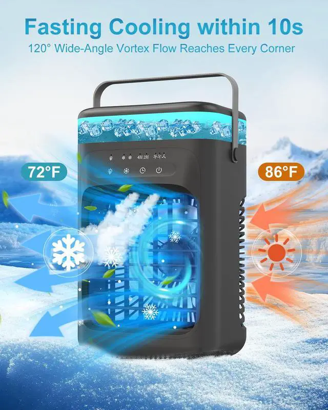Alt view image 3 of 7 - Portable Air Conditioner, 4-in-1 Evaporative Air Cooler, Personal Cooling Fan with 3 Speeds, 2 Mist Modes, 7 LED Night Light, 2-4H Timer, Quiet Mini Air Cooler for Bedroom Office Camping Black