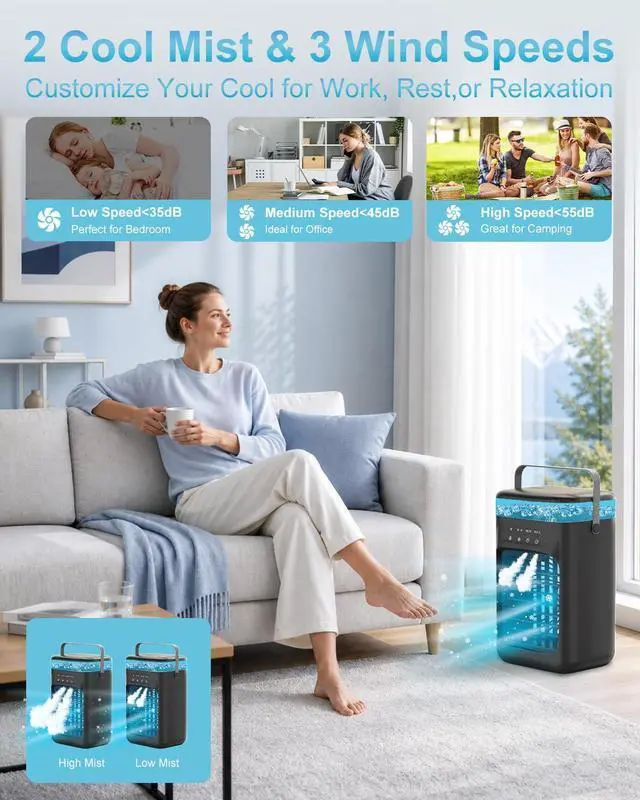 Alt view image 4 of 7 - Portable Air Conditioner, 4-in-1 Evaporative Air Cooler, Personal Cooling Fan with 3 Speeds, 2 Mist Modes, 7 LED Night Light, 2-4H Timer, Quiet Mini Air Cooler for Bedroom Office Camping Black
