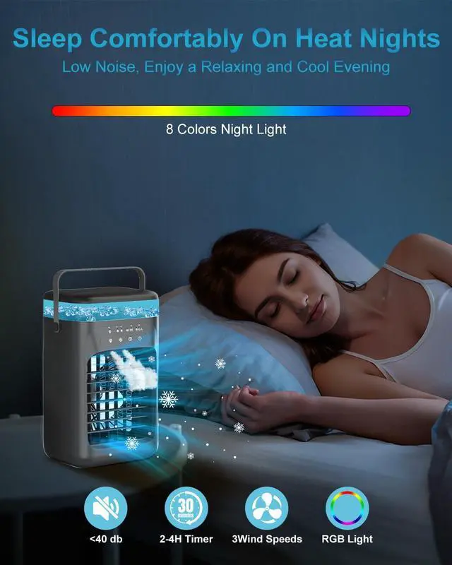 Alt view image 5 of 7 - Portable Air Conditioner, 4-in-1 Evaporative Air Cooler, Personal Cooling Fan with 3 Speeds, 2 Mist Modes, 7 LED Night Light, 2-4H Timer, Quiet Mini Air Cooler for Bedroom Office Camping Black