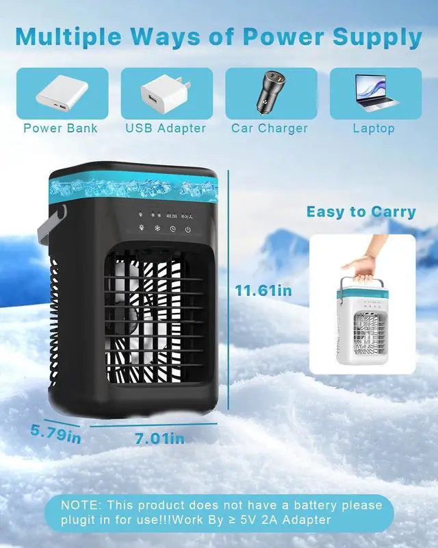 Alt view image 6 of 7 - Portable Air Conditioner, 4-in-1 Evaporative Air Cooler, Personal Cooling Fan with 3 Speeds, 2 Mist Modes, 7 LED Night Light, 2-4H Timer, Quiet Mini Air Cooler for Bedroom Office Camping Black