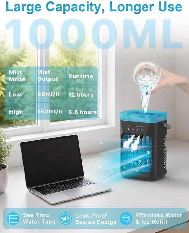 Alt view image 7 of 7 - Portable Air Conditioner, 4-in-1 Evaporative Air Cooler, Personal Cooling Fan with 3 Speeds, 2 Mist Modes, 7 LED Night Light, 2-4H Timer, Quiet Mini Air Cooler for Bedroom Office Camping Black