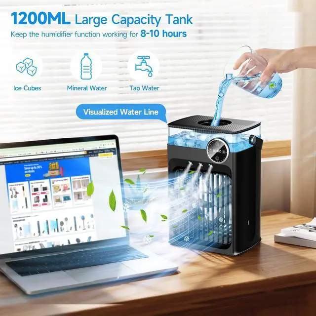 Alt view image 2 of 7 - Portable Air Conditioners, 4 in 1 Evaporative Air Cooler with 1200ML Tank, Queit Cooling Fan with Remote Control, 2-8H Timer, 3 Modes & 8 LED Lights, Personal AC Unit for Bedroom, Office and Camping