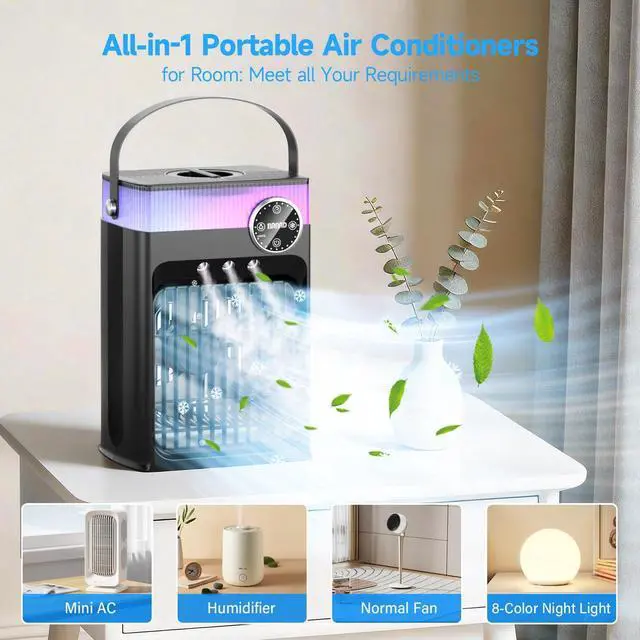 Alt view image 3 of 7 - Portable Air Conditioners, 4 in 1 Evaporative Air Cooler with 1200ML Tank, Queit Cooling Fan with Remote Control, 2-8H Timer, 3 Modes & 8 LED Lights, Personal AC Unit for Bedroom, Office and Camping