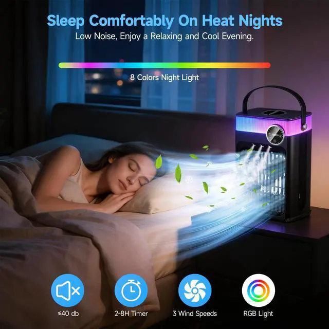 Alt view image 4 of 7 - Portable Air Conditioners, 4 in 1 Evaporative Air Cooler with 1200ML Tank, Queit Cooling Fan with Remote Control, 2-8H Timer, 3 Modes & 8 LED Lights, Personal AC Unit for Bedroom, Office and Camping