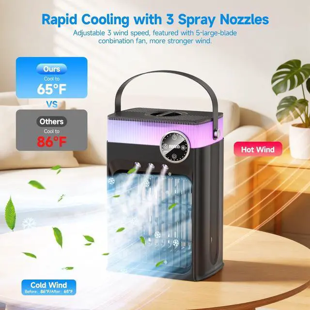 Alt view image 6 of 7 - Portable Air Conditioners, 4 in 1 Evaporative Air Cooler with 1200ML Tank, Queit Cooling Fan with Remote Control, 2-8H Timer, 3 Modes & 8 LED Lights, Personal AC Unit for Bedroom, Office and Camping
