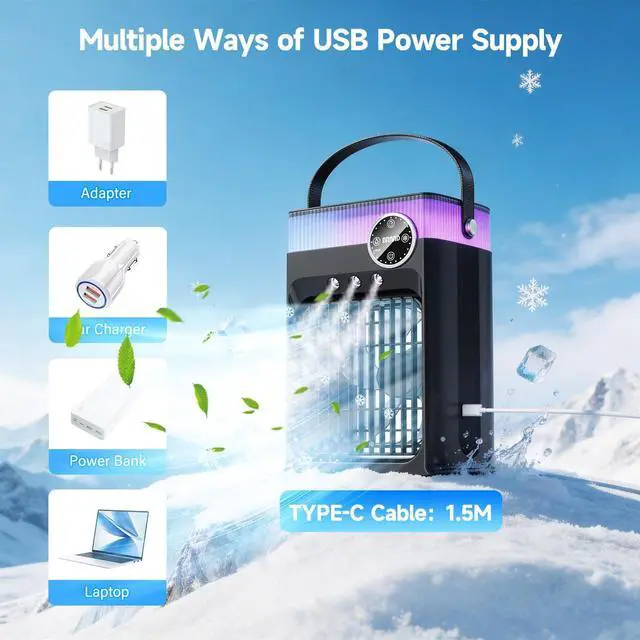 Alt view image 7 of 7 - Portable Air Conditioners, 4 in 1 Evaporative Air Cooler with 1200ML Tank, Queit Cooling Fan with Remote Control, 2-8H Timer, 3 Modes & 8 LED Lights, Personal AC Unit for Bedroom, Office and Camping