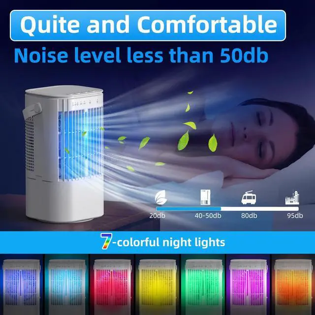Alt view image 7 of 7 - Portable Air Conditioners 4-in-1 Mini Small Air Conditioner Evaporative Air Cooler Fan with 1000ml Water Tank 3 Speeds 7 LED Lights Personal Mini AC with Timer for Bedroom Desktop Home Office (White)