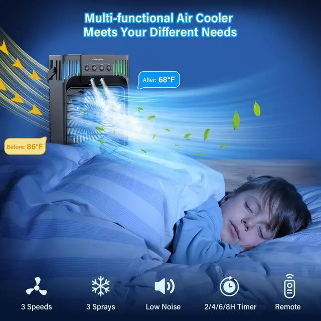Alt view image 6 of 7 - Portable Air Conditioners, 4-in-1 Evaporative Air Cooler with Remote Control, Cooling Fan with 3 Modes, 3 Speeds & 7 LED Lights, 2-8H Timer, 1200ML Personal Mini AC Unit for Home, Bedroom