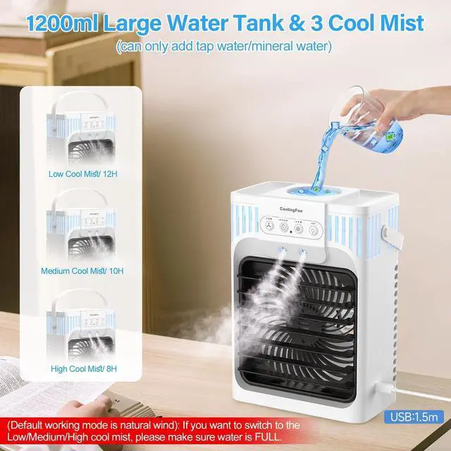 Alt view image 4 of 7 - Portable Air Conditioners, 4 in 1 1200ML Personal Air Conditioner, Evaporative Air Cooler Fan with Remote, 7 RGB Light Modes, 3 Speeds & 2-8H Timer for Bedroom,Car,Nightstand, Office, Dorm, RV